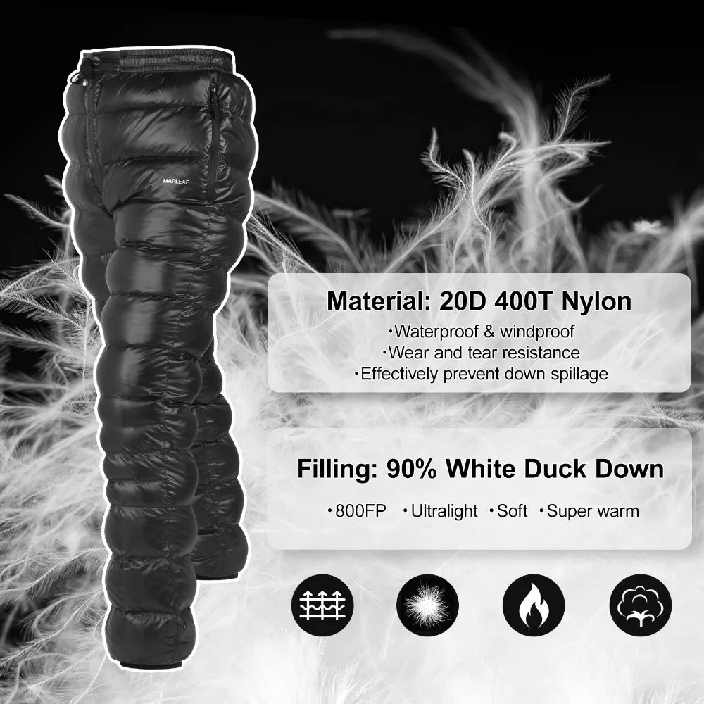 Mapleaf Down Pants Ultralight Warm 800FP Winter Snow Pants With Zipper Pockets Windproof Waterproof Camping Home Unisex