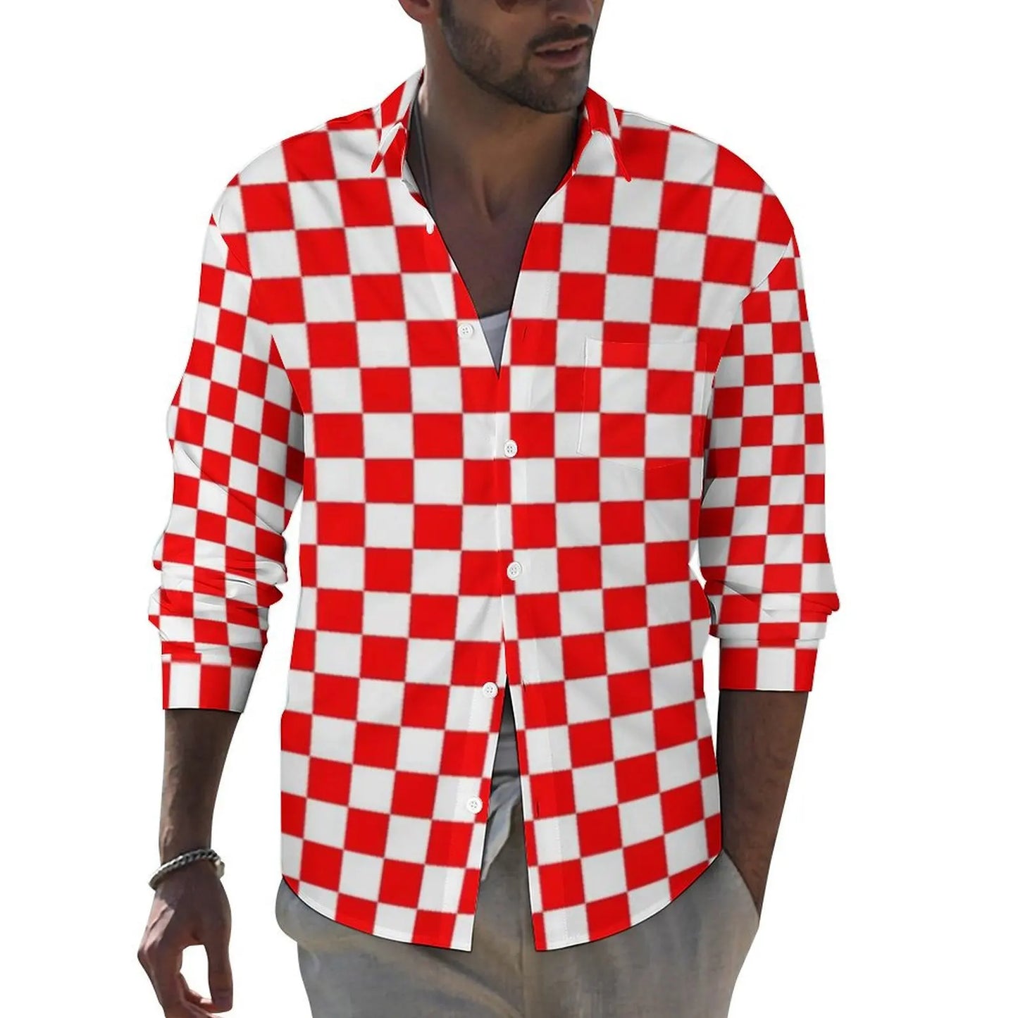 Black Checkerboard Shirt Men Classic Black and White Checker Casual Shirts Autumn Blouses Long Sleeve Fashion Oversized Clothing