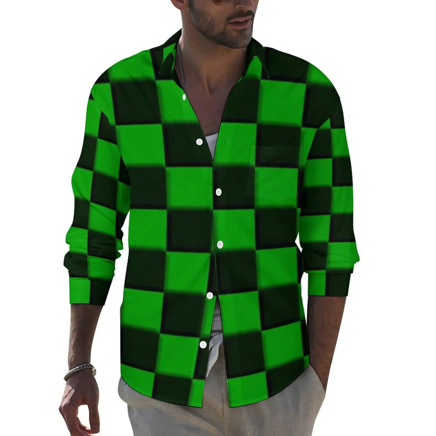 Black Checkerboard Shirt Men Classic Black and White Checker Casual Shirts Autumn Blouses Long Sleeve Fashion Oversized Clothing