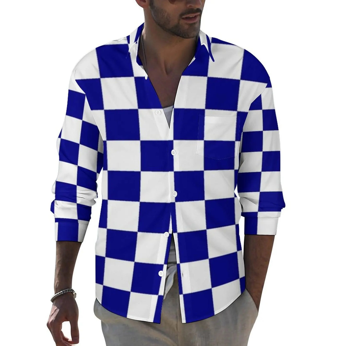 Black Checkerboard Shirt Men Classic Black and White Checker Casual Shirts Autumn Blouses Long Sleeve Fashion Oversized Clothing