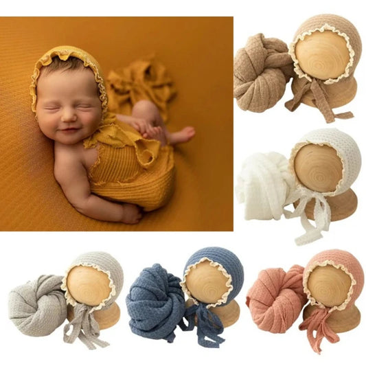 Baby Beanie Hat Boy Girl Lace Hat+Stretch Wrap Blanket Newborn Photography Props Cap