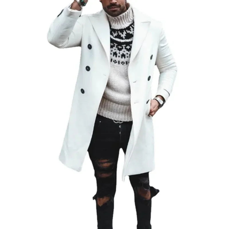 Fashion Men Woolen Coat  New Solid Casual Lapel Double-breasted Coat Woolen Coat Men  Long Sleeve Cardigan Overcoat Tops