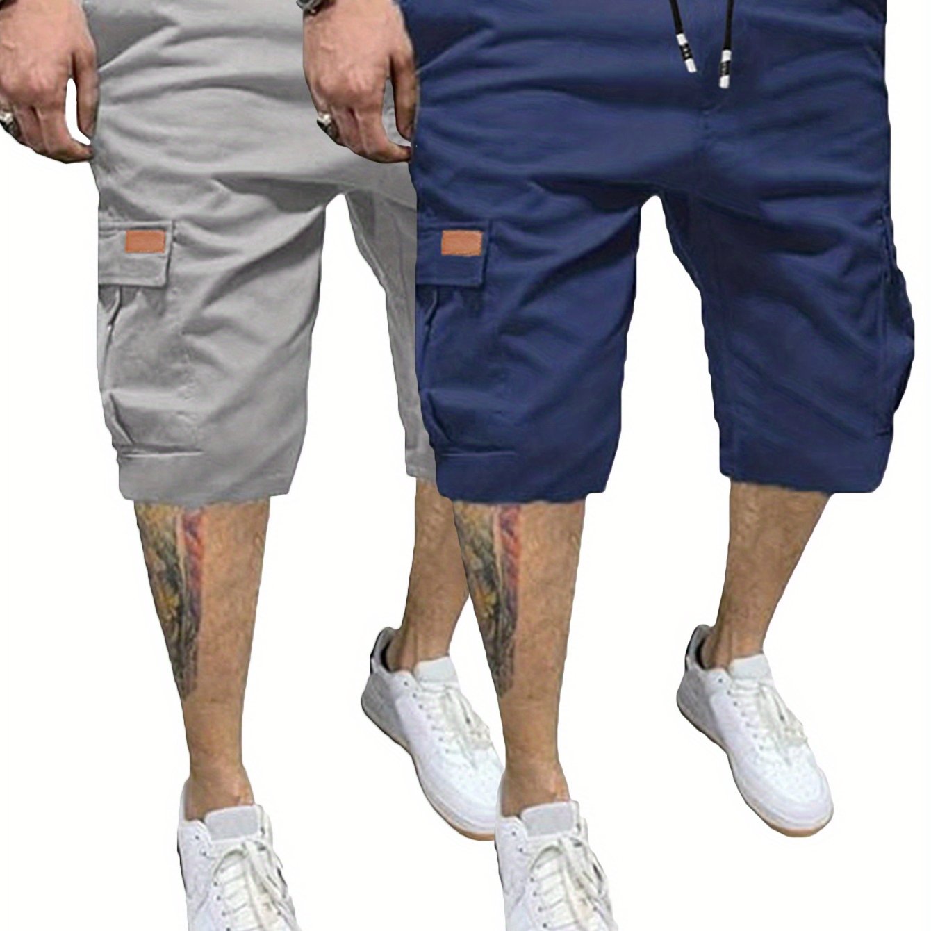 2pcs Men's Casual Cargo Shorts - Classic Drawstring, Stretch Cotton with Multiple Pockets, Gray & Brown, Machine Washable, Comfortable for Casual Attire