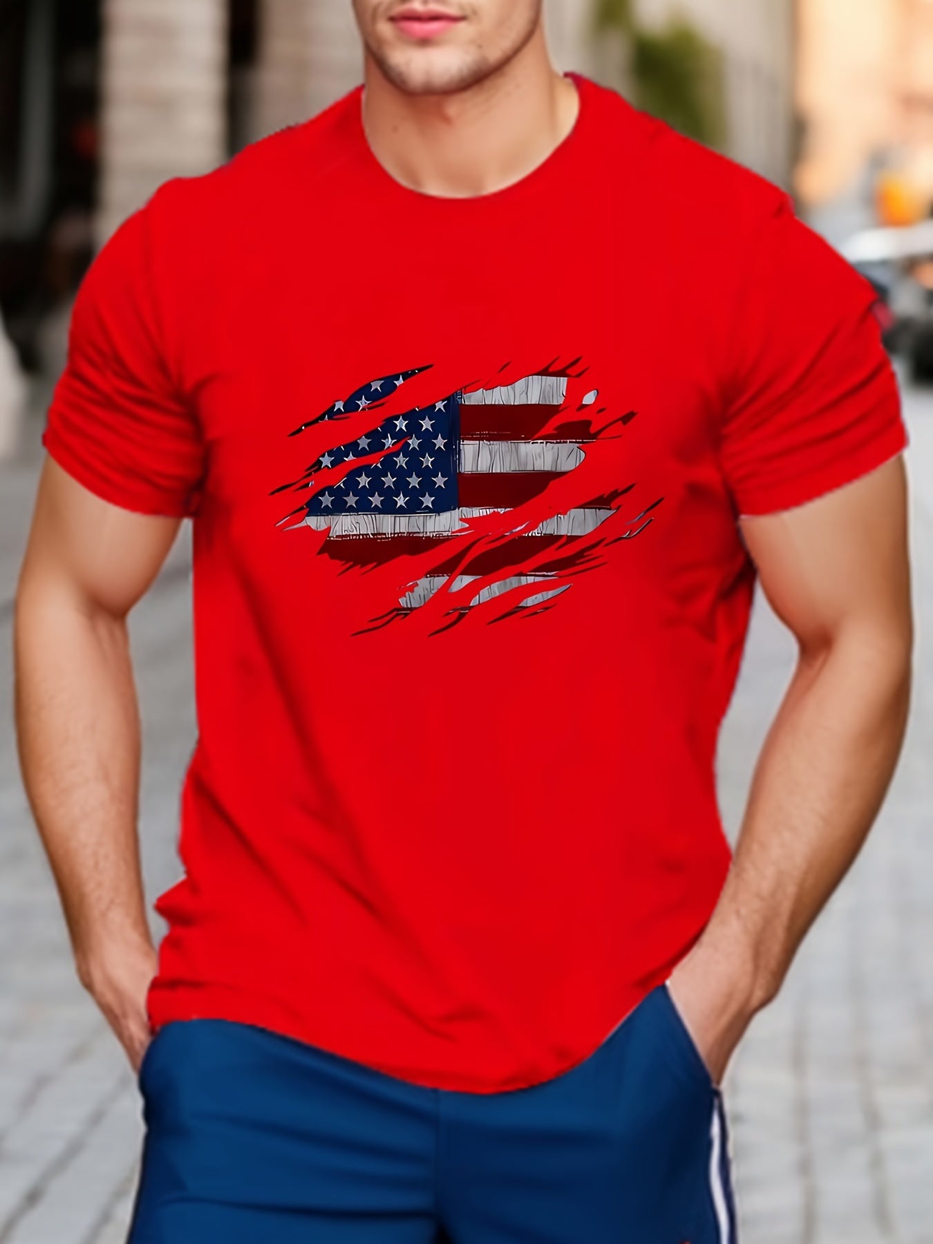 American Flag printed T-shirt men's casual style summer and autumn slightly elastic round neck T-shirt