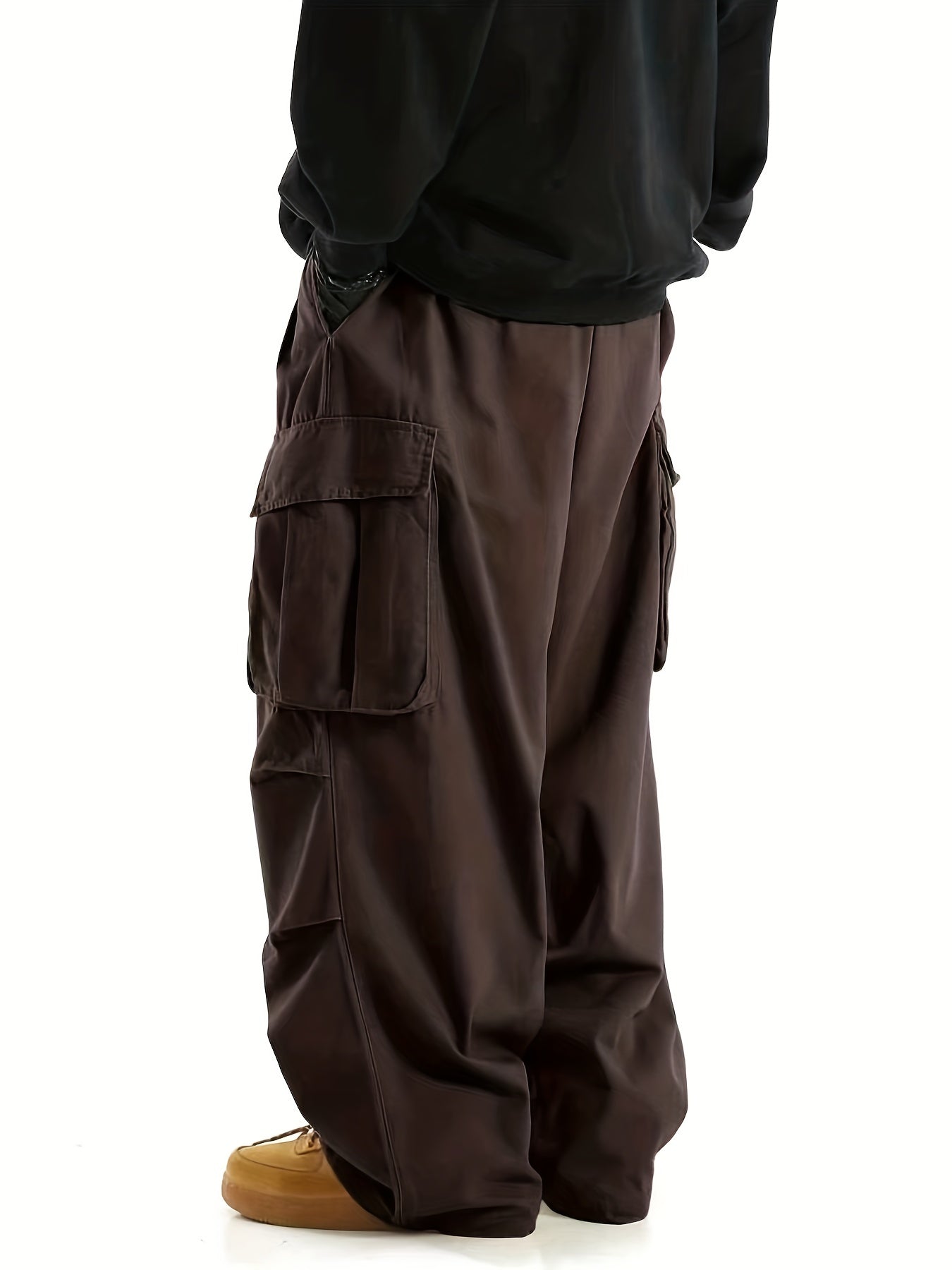 Loose Casual Men's Straight Leg Cargo Pants - Solid Multi Flap Pockets Outdoor Baggy Pants - Work Pants Streetwear