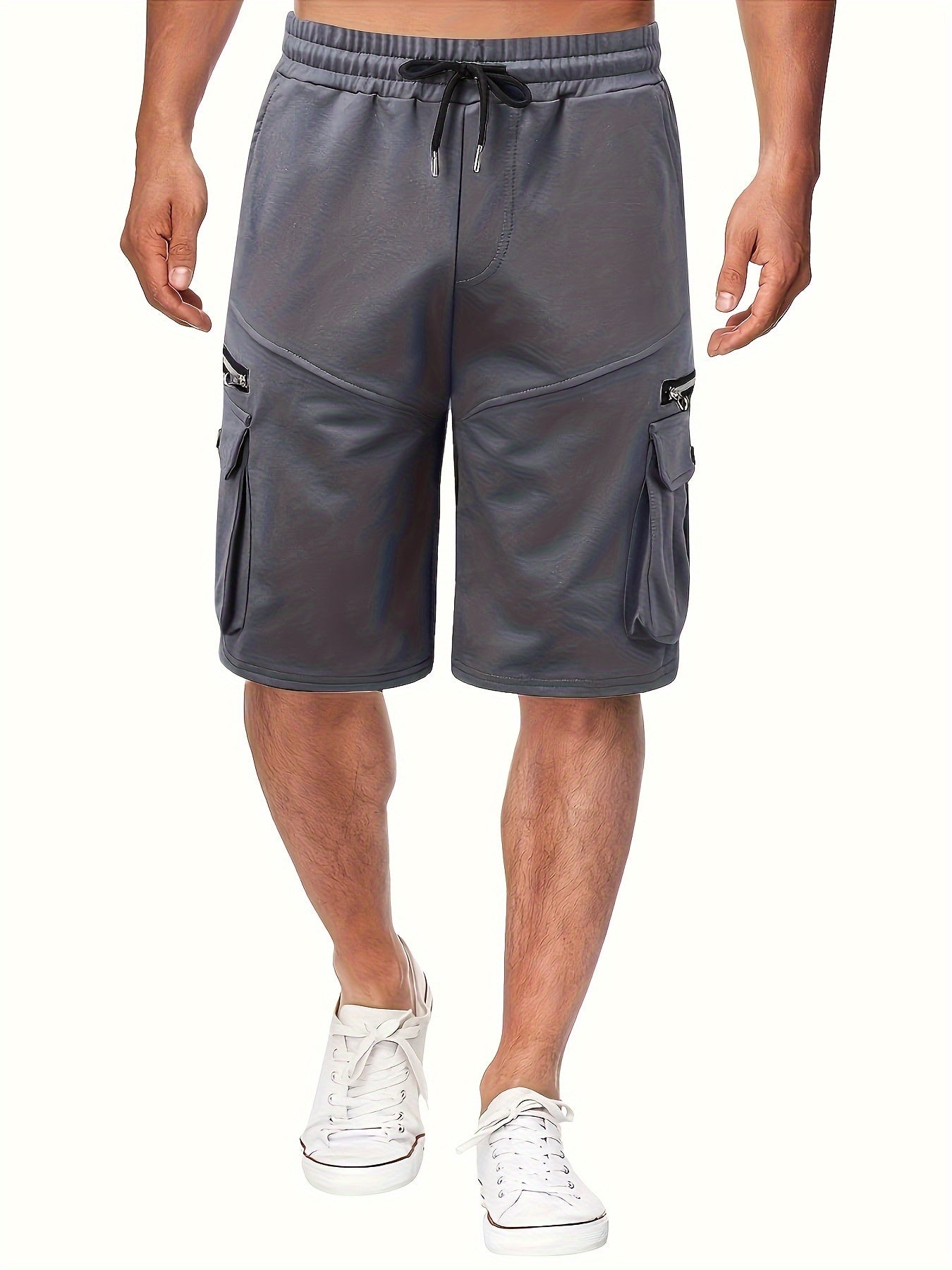 Men's Solid Color Zipper Pockets Cargo Shorts, Casual Stylish Loose Fit Outdoor Short Pants As Gift