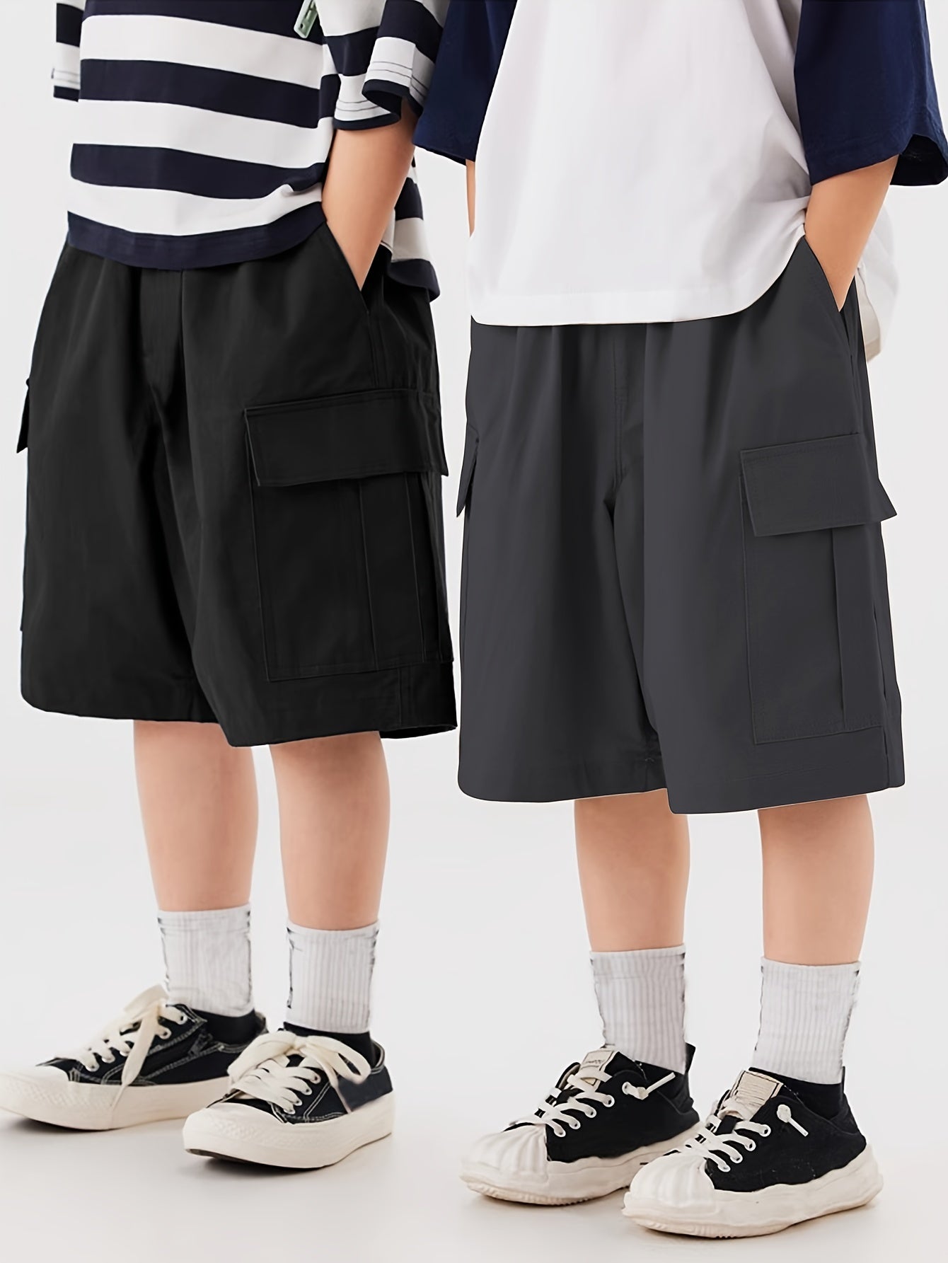 2-pack Boys Loose Fit Cargo Shorts With Pockets, Solid Color Shorts For Spring/Summer/Fall