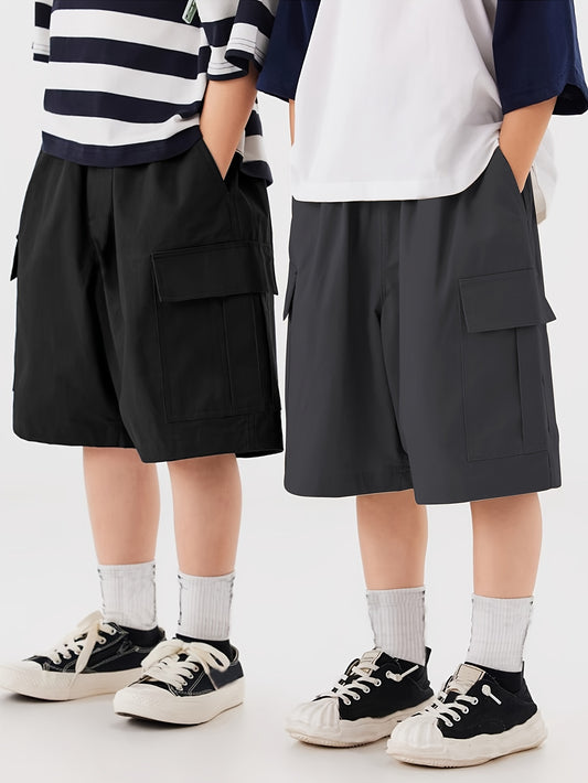 2-pack Boys Loose Fit Cargo Shorts With Pockets, Solid Color Shorts For Spring/Summer/Fall
