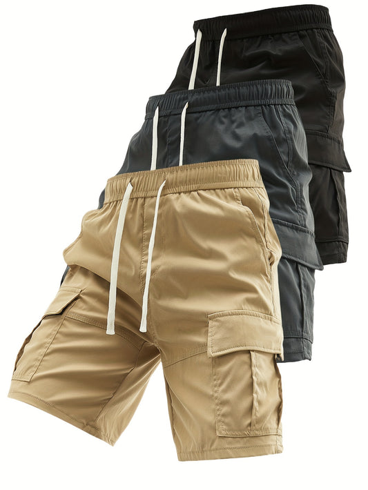 3pcs Men's Solid Color Loose Fit Elastic Waist Cargo Shorts With Side Pockets For Summer Outdoor Leisure And Work