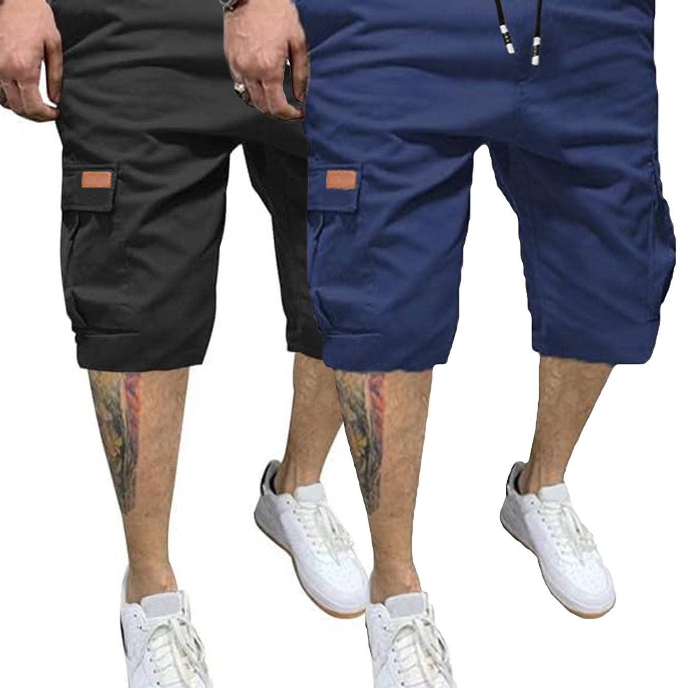 2pcs Men's Casual Cargo Shorts - Classic Drawstring, Stretch Cotton with Multiple Pockets, Gray & Brown, Machine Washable, Comfortable for Casual Attire