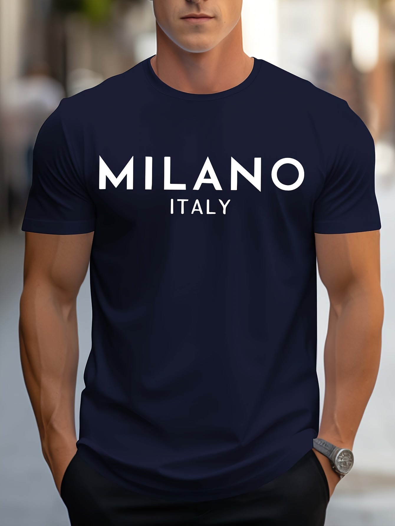 Italy Milan lettering printed T-shirt men's casual style summer and autumn slightly elastic round neck T-shirt