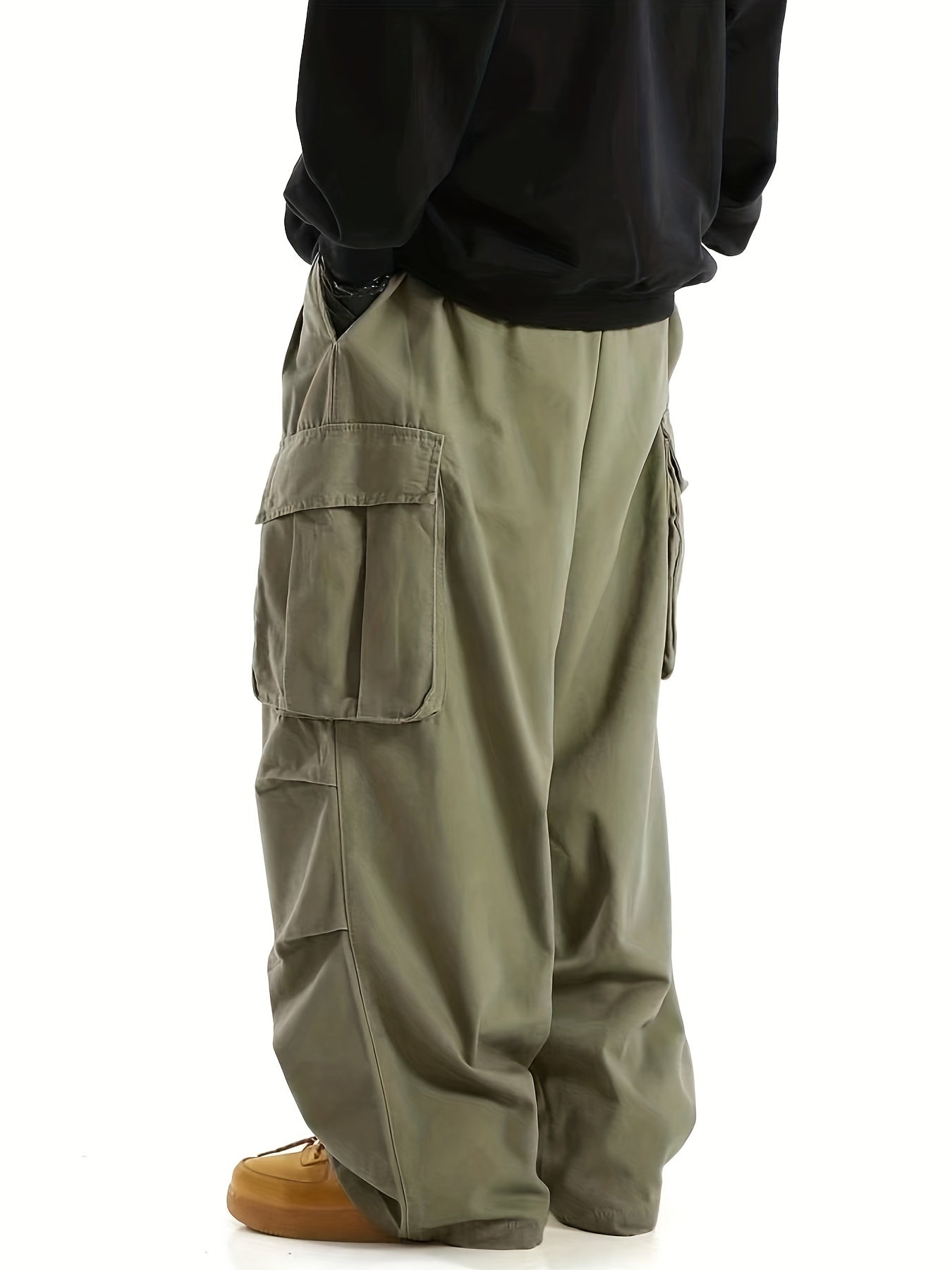 Loose Casual Men's Straight Leg Cargo Pants - Solid Multi Flap Pockets Outdoor Baggy Pants - Work Pants Streetwear