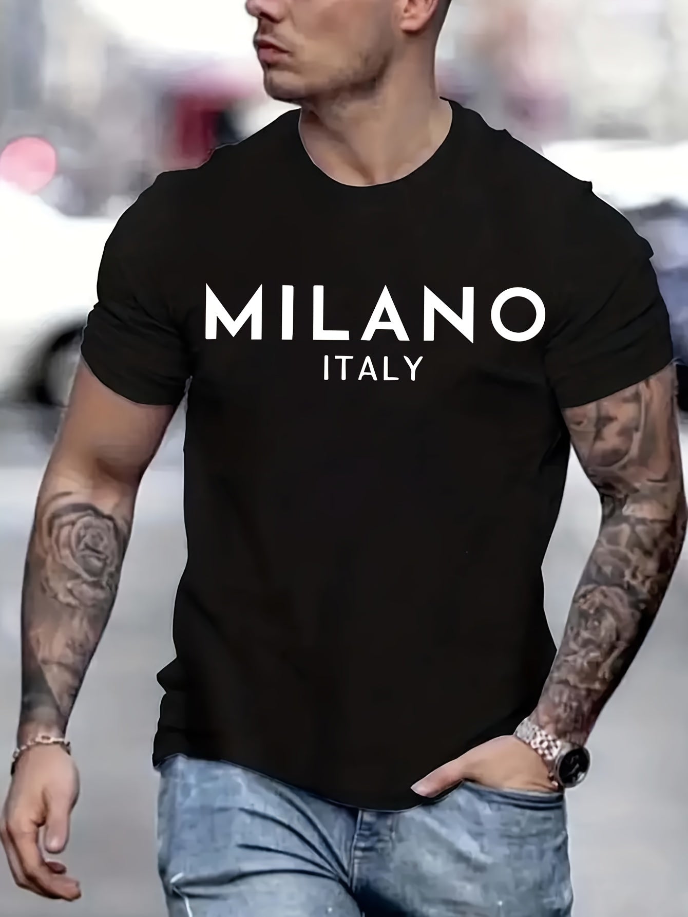 Italy Milan lettering printed T-shirt men's casual style summer and autumn slightly elastic round neck T-shirt