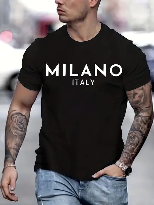Italy Milan lettering printed T-shirt men's casual style summer and autumn slightly elastic round neck T-shirt