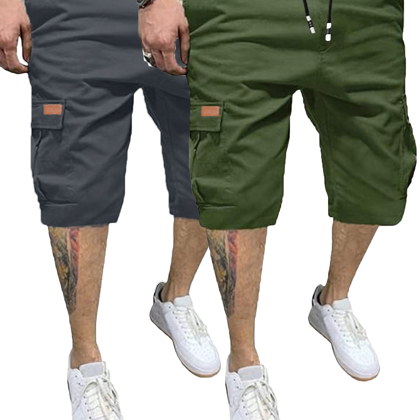 2pcs Men's Casual Cargo Shorts - Classic Drawstring, Stretch Cotton with Multiple Pockets, Gray & Brown, Machine Washable, Comfortable for Casual Attire