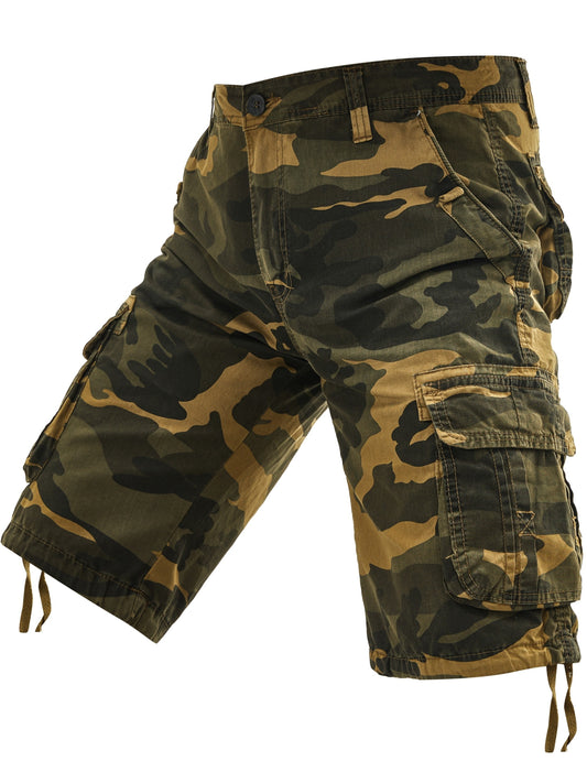 Men's 100% Cotton Camo Cargo Shorts, Denim Style, Non-Stretch Woven Fabric, Regular Fit with Pockets, Ideal for Hiking & Outdoor Activities, Spring/Summer/Fall Collection, Casual Wear|Rugged Outdoor Look|Woven Fabric Shorts,