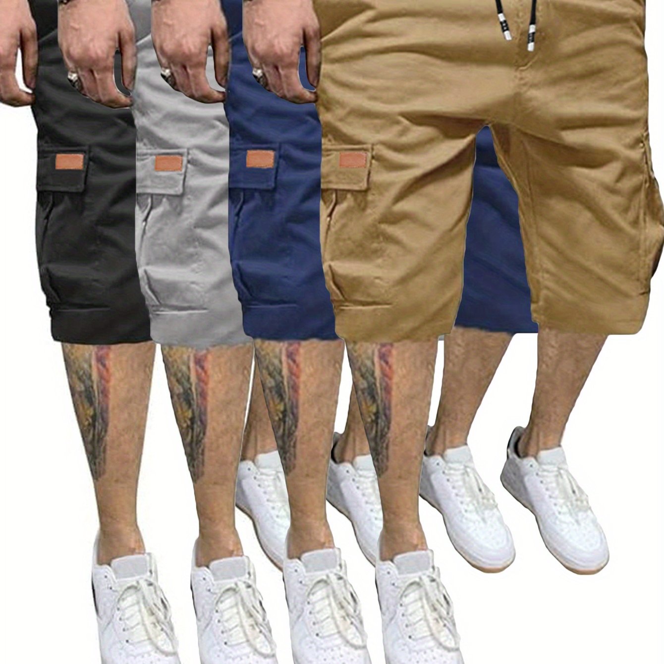 4 Pcs Men's Casual Cargo Shorts Elastic Drawstring Cotton Stretch Multiple Pockets Cargo Short