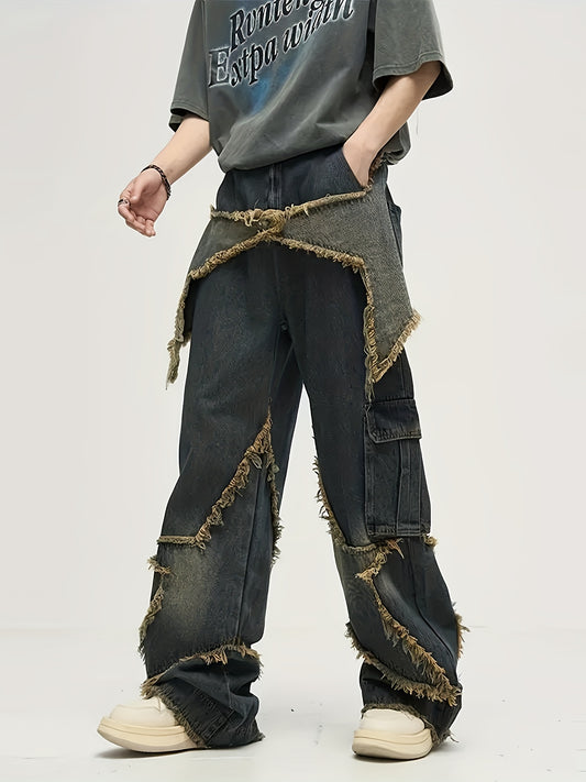 YASUYUAN Men's Comfort-Fit Jeans - Relaxed Streetwear Denim with Raw Edge, Versatile Baggy Pants for Everyday Cool