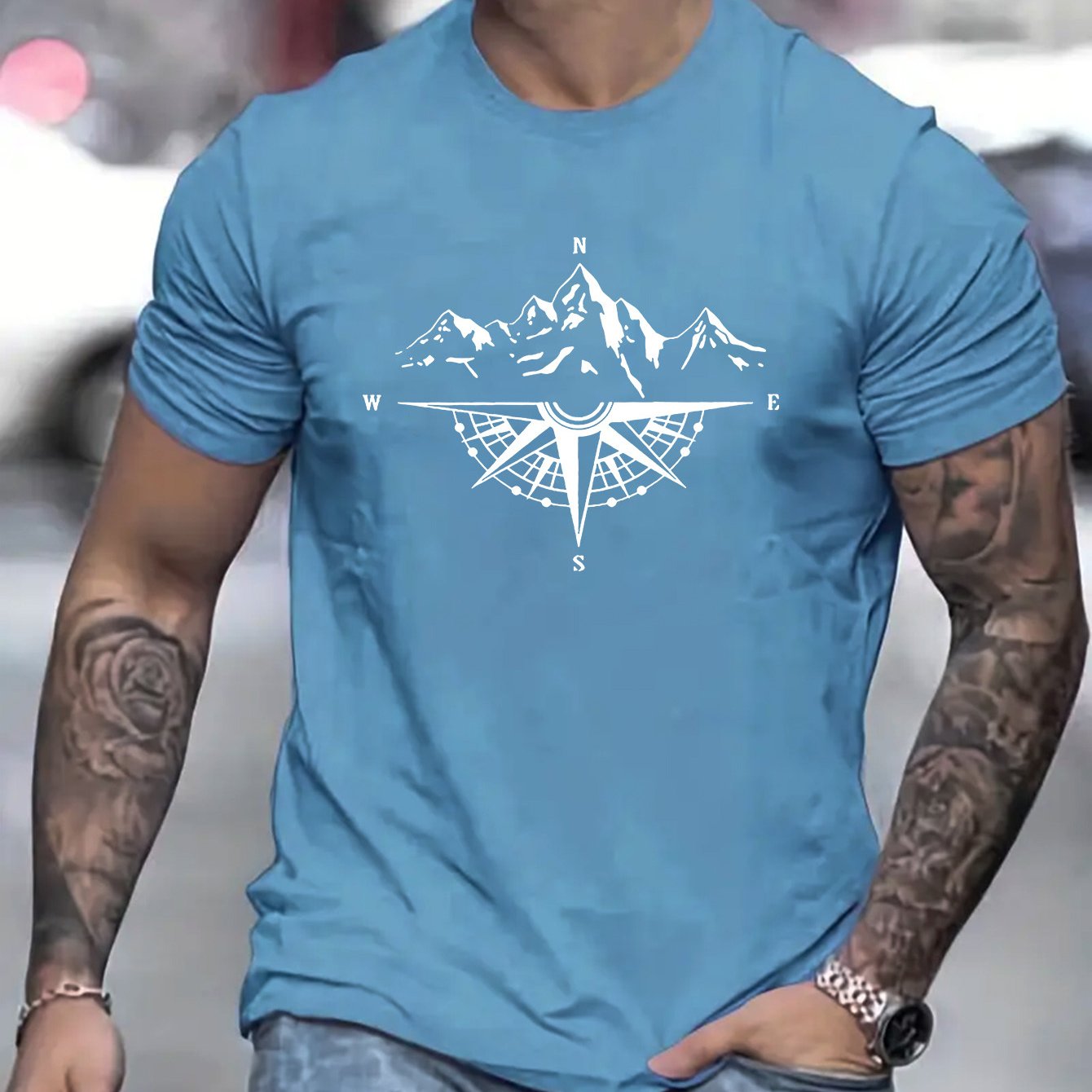 Mountain Shaped Compass & Letter Creative Printing Men's Round Neck Printed T-shirt, Short Sleeved Comfortable Loose Casual Top, Spring Summer Holiday Men's Clothing As A Gift