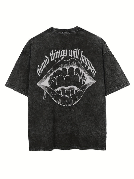 Men's vintage wash to make old letters mouth double-sided printed T-shirt