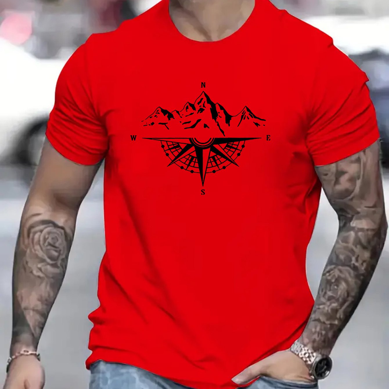 Mountain Shaped Compass & Letter Creative Printing Men's Round Neck Printed T-shirt, Short Sleeved Comfortable Loose Casual Top, Spring Summer Holiday Men's Clothing As A Gift