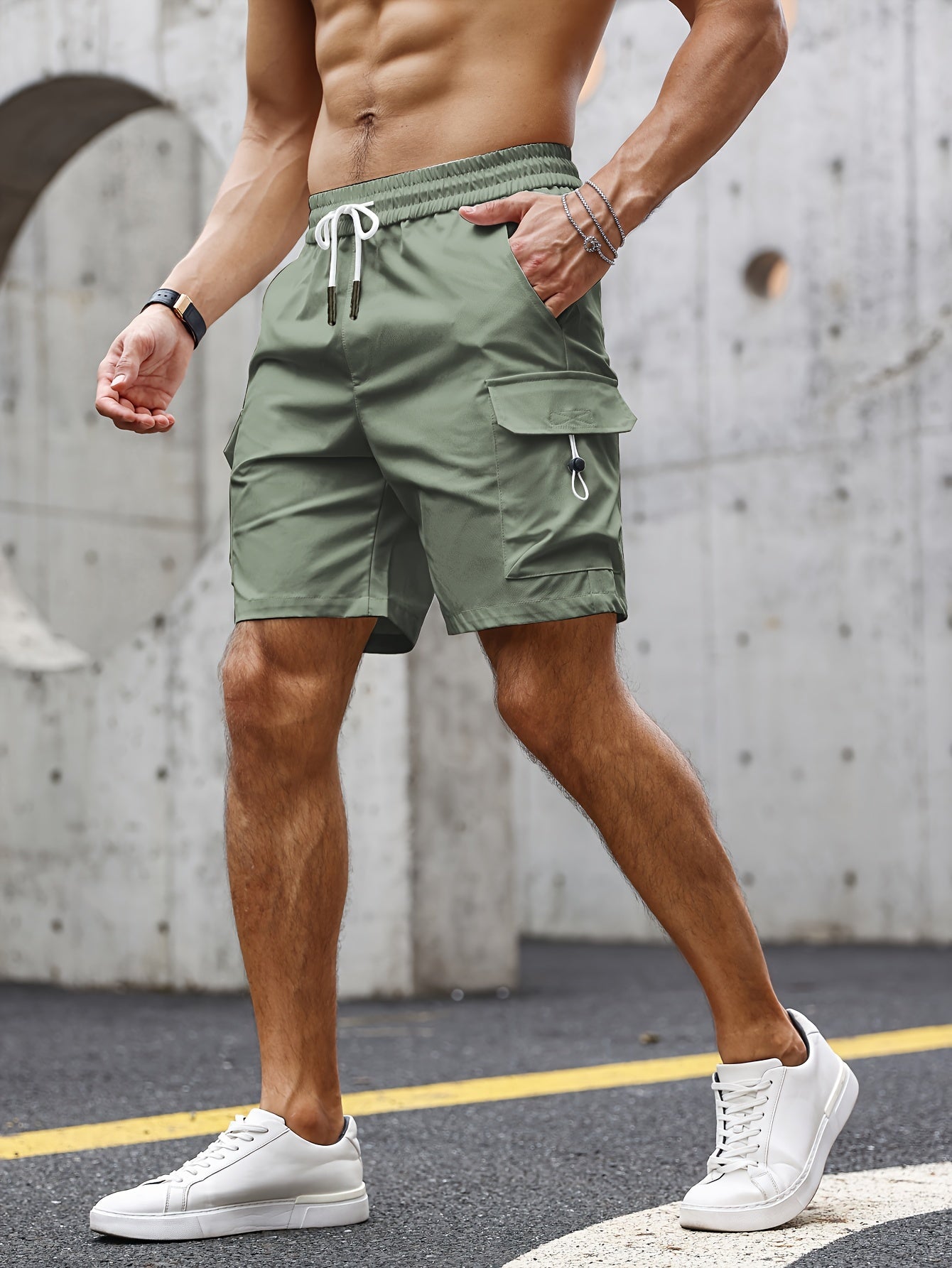 Casual Solid Men's Loose Fit Elastic Waist Cargo Shorts With Side Pockets For Summer Outdoor Leisure And Work