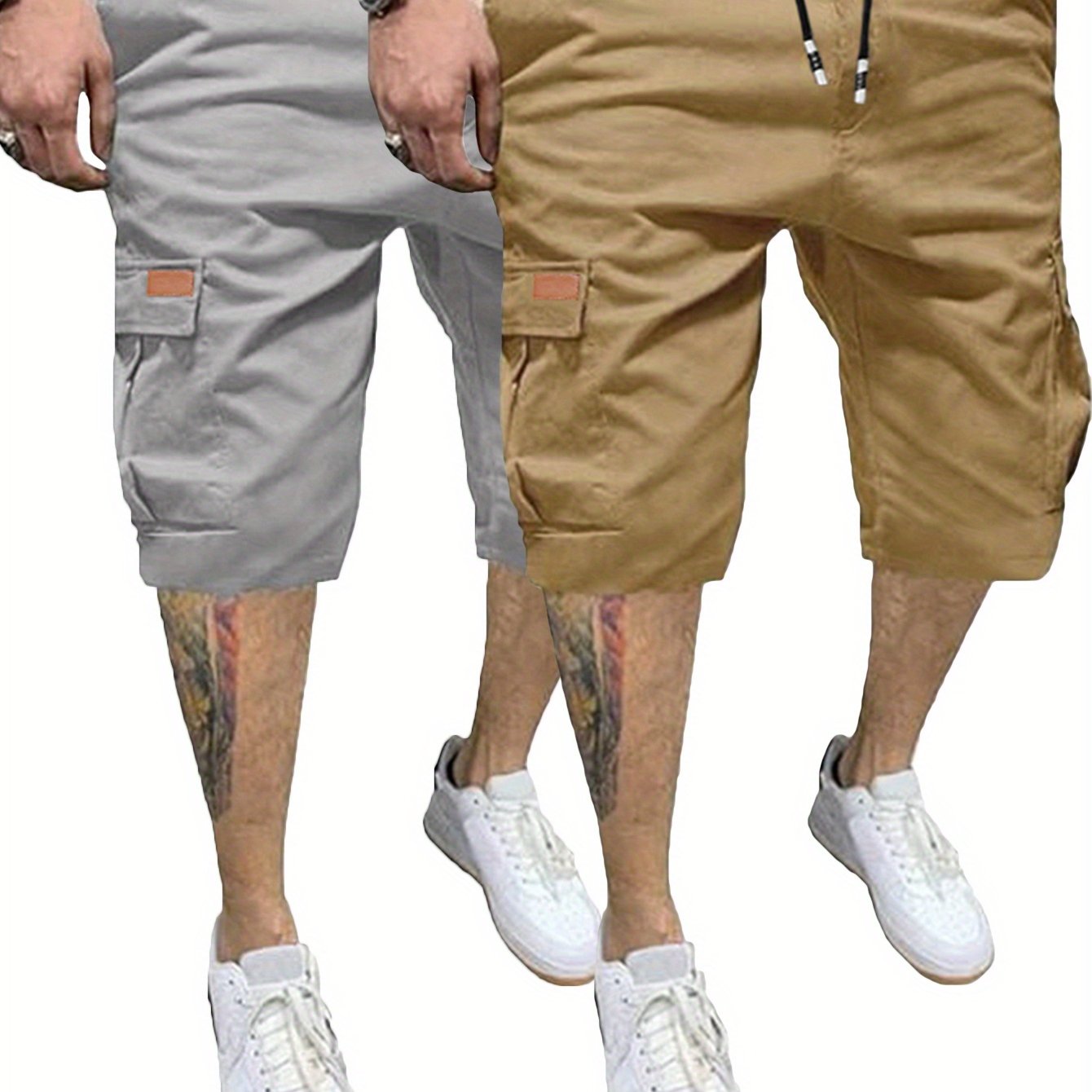 2pcs Men's Casual Cargo Shorts - Classic Drawstring, Stretch Cotton with Multiple Pockets, Gray & Brown, Machine Washable, Comfortable for Casual Attire