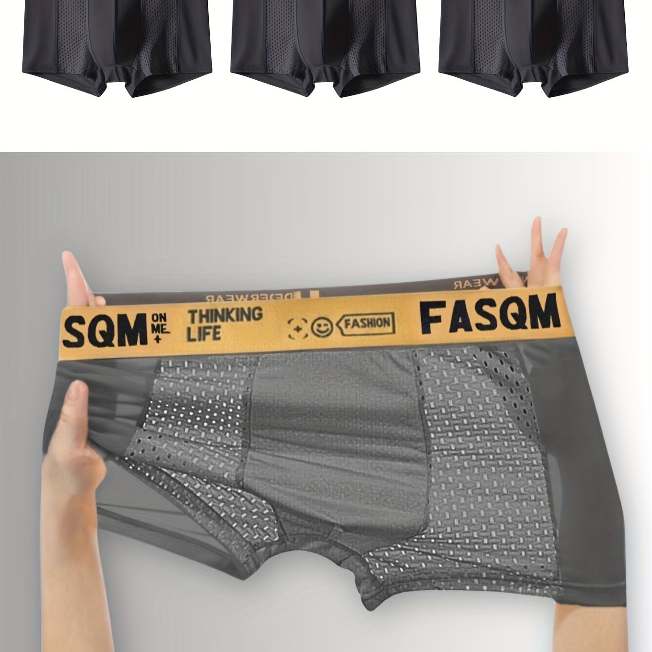 3pcs Men's Ice Silk Cool Soft Comfy Boxers Briefs Underwear, Mesh Patch Breathable Comfy Stretchy Trunks, Men's Casual Plain Color Underwear