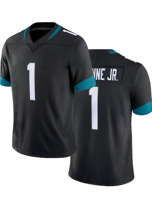 Men's Classic #1 Black American Football Jersey - V-Neck, Embroidery, Breathable, Rugby Sports Uniform for Training and Competition