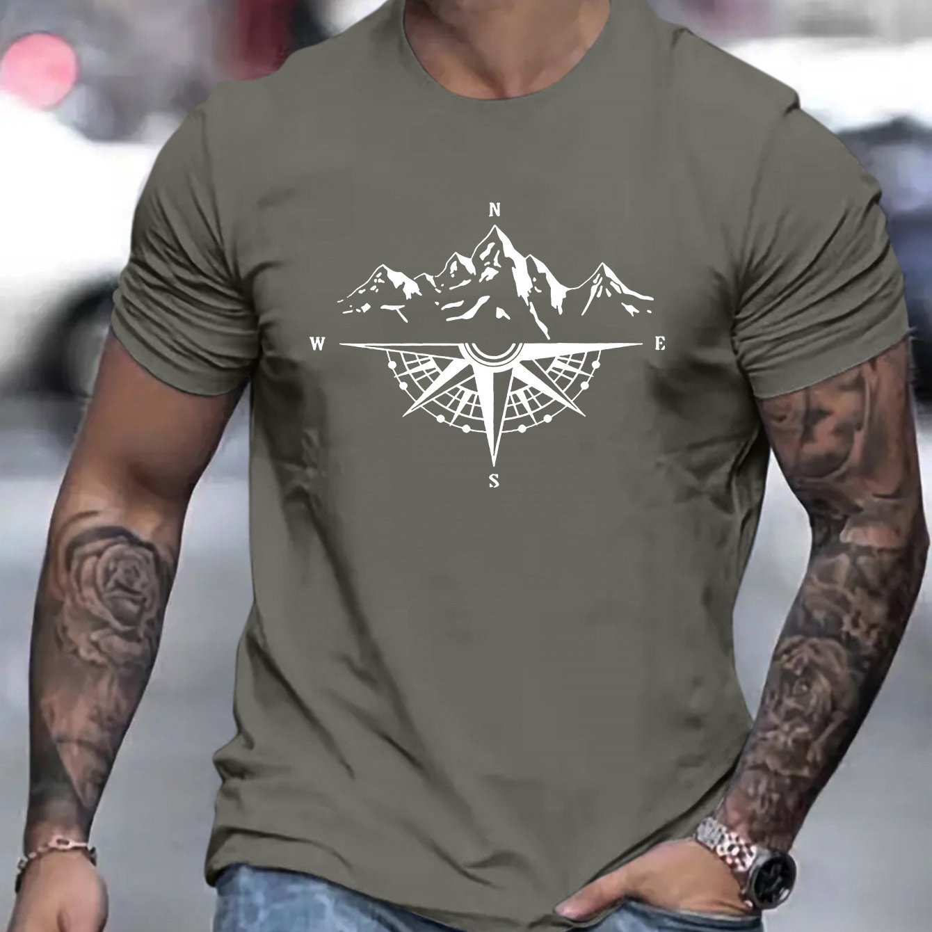 Mountain Shaped Compass & Letter Creative Printing Men's Round Neck Printed T-shirt, Short Sleeved Comfortable Loose Casual Top, Spring Summer Holiday Men's Clothing As A Gift