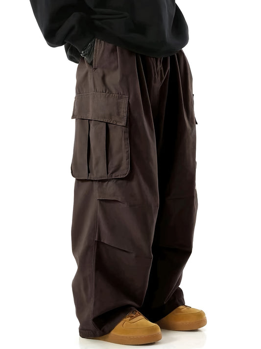 Loose Casual Men's Straight Leg Cargo Pants - Solid Multi Flap Pockets Outdoor Baggy Pants - Work Pants Streetwear