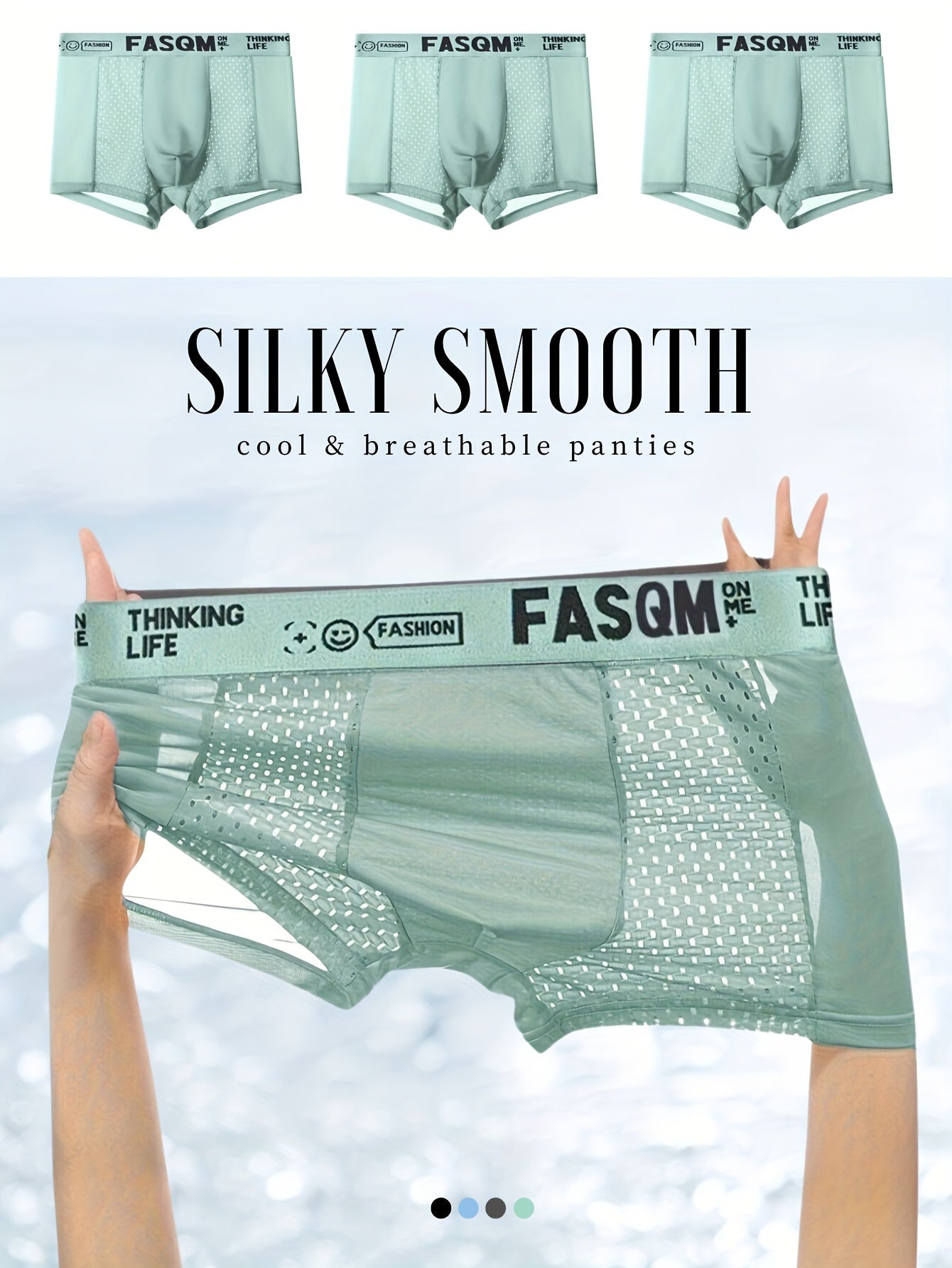 3pcs Men's Ice Silk Cool Soft Comfy Boxers Briefs Underwear, Mesh Patch Breathable Comfy Stretchy Trunks, Men's Casual Plain Color Underwear