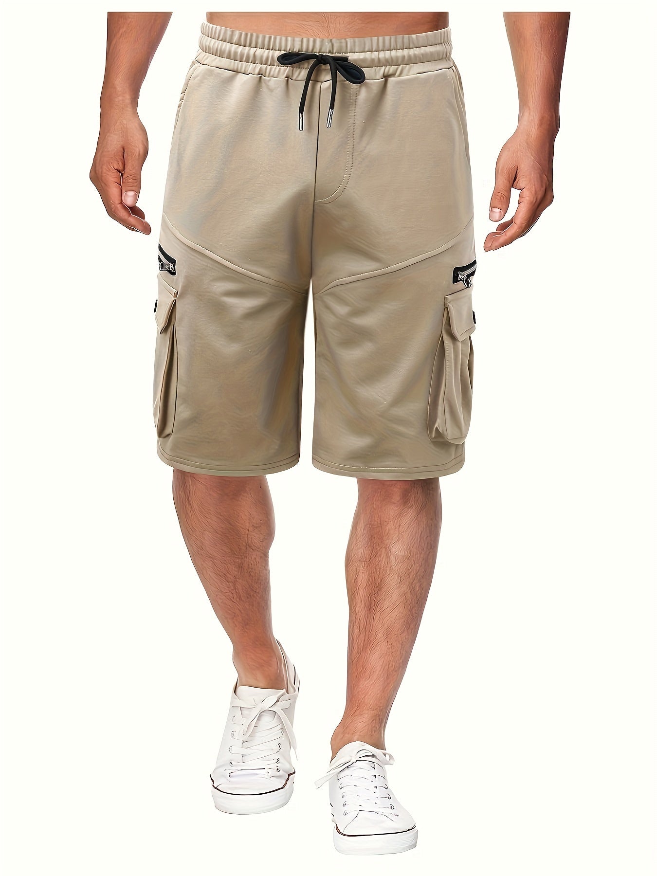 Men's Solid Color Zipper Pockets Cargo Shorts, Casual Stylish Loose Fit Outdoor Short Pants As Gift