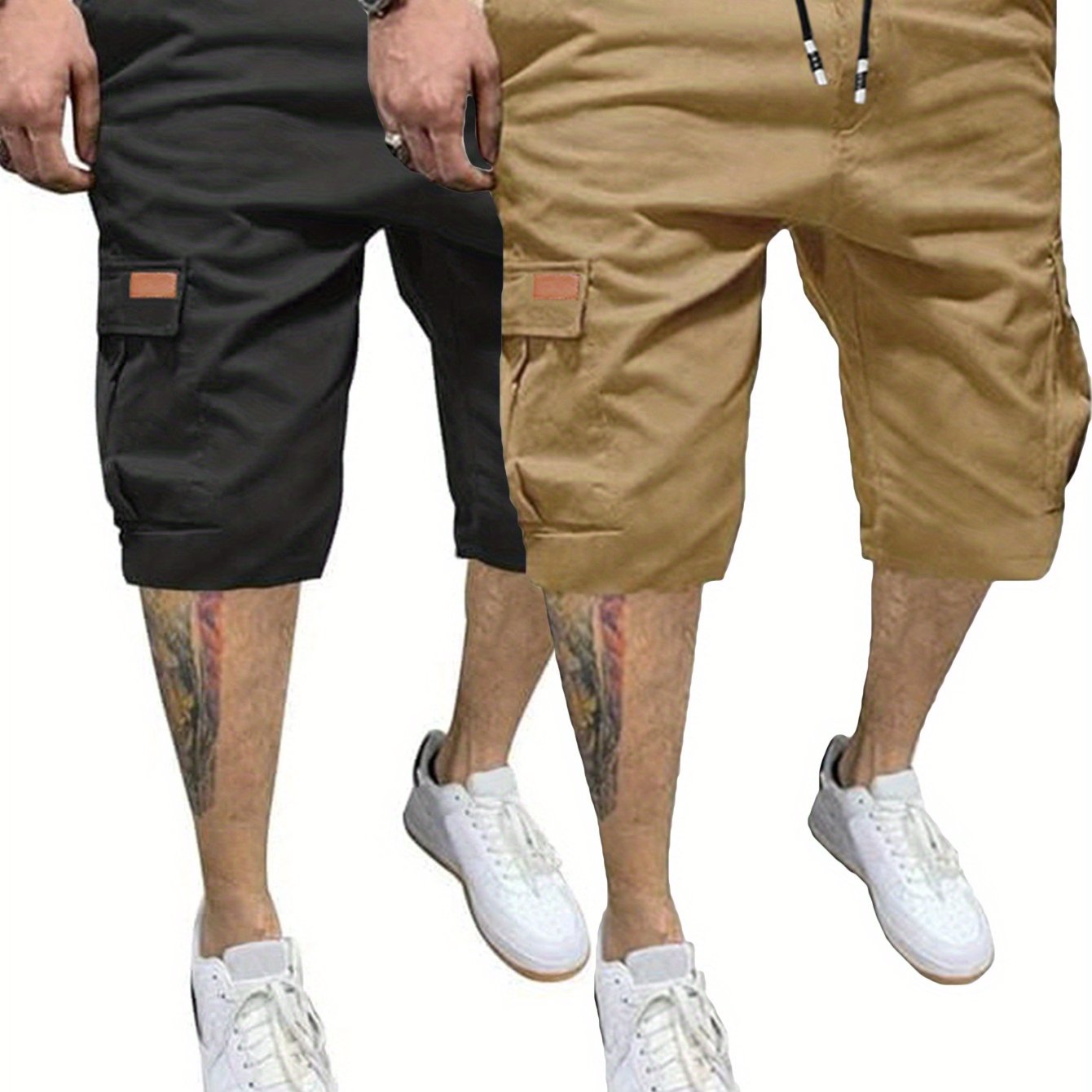 2pcs Men's Casual Cargo Shorts - Classic Drawstring, Stretch Cotton with Multiple Pockets, Gray & Brown, Machine Washable, Comfortable for Casual Attire