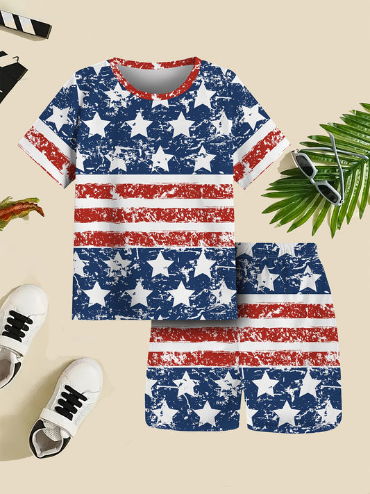 1set Boys' Fashion 3D Digital Printed T-Shirt and Shorts Set, Casual Style, Round Neck, Regular Sleeve, Short Length, Summer Season, Polyester (95%) and Spandex (5%), Geometric Pattern, Breathable Quick-Dry Sports Leisurewear