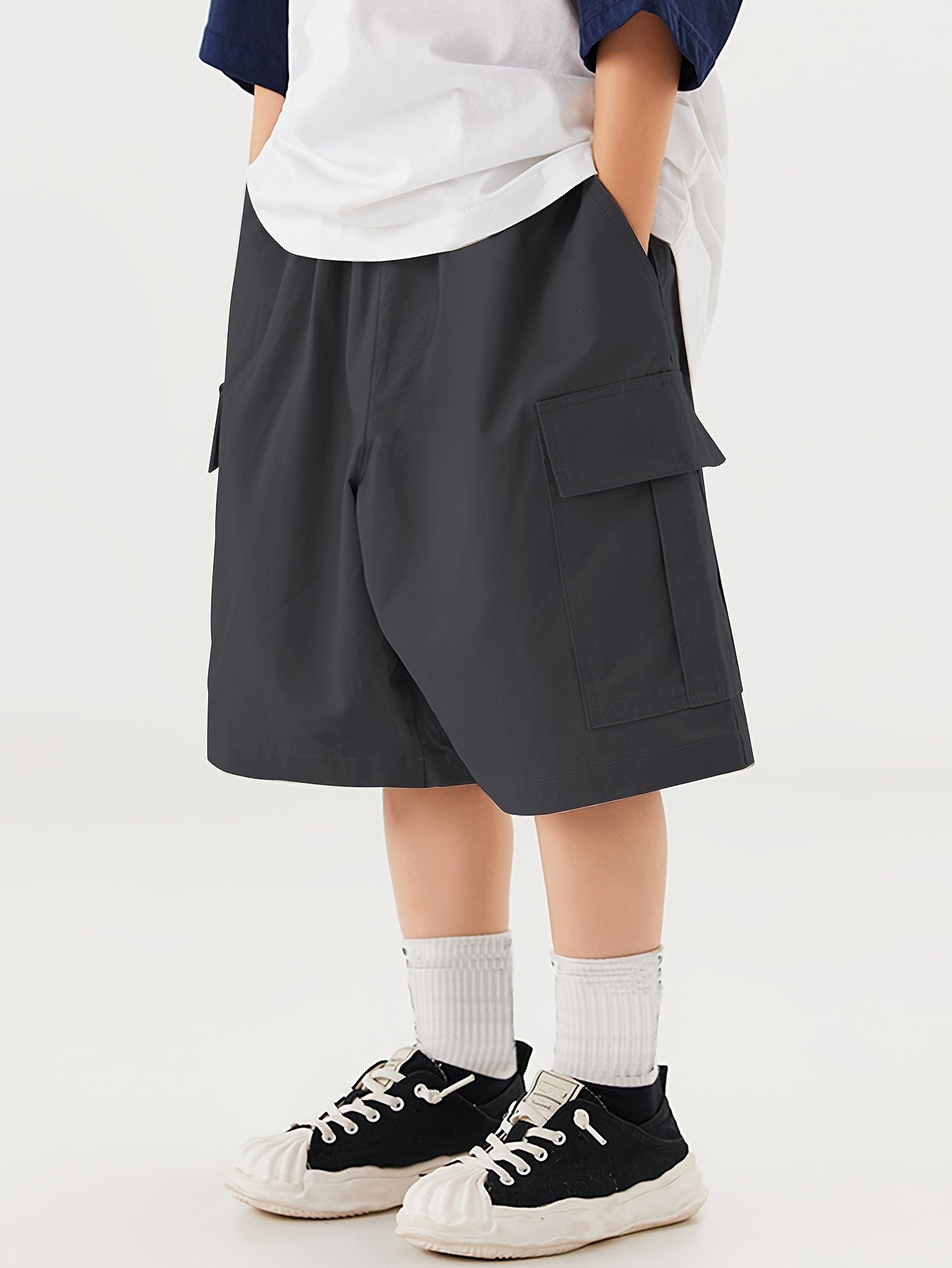 2-pack Boys Loose Fit Cargo Shorts With Pockets, Solid Color Shorts For Spring/Summer/Fall