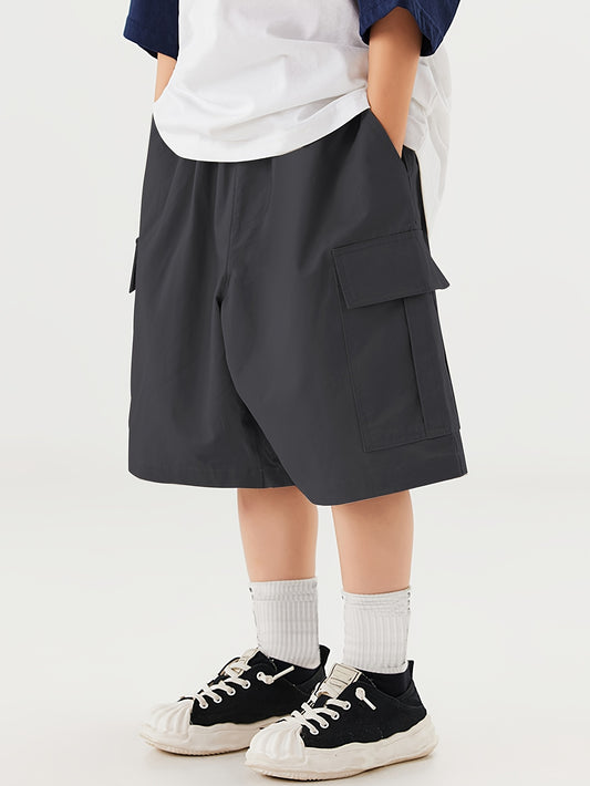 2-pack Boys Loose Fit Cargo Shorts With Pockets, Solid Color Shorts For Spring/Summer/Fall