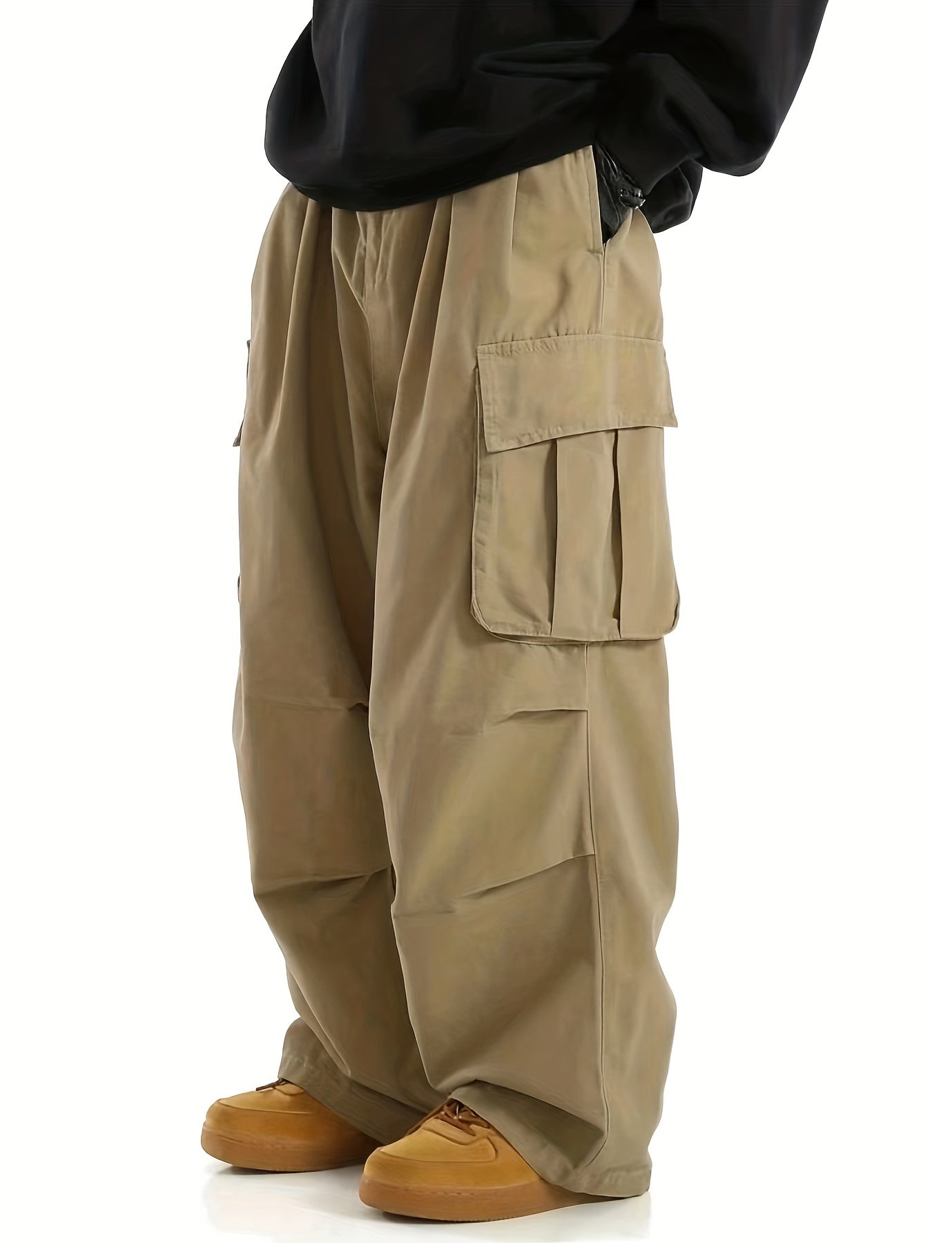 Loose Casual Men's Straight Leg Cargo Pants - Solid Multi Flap Pockets Outdoor Baggy Pants - Work Pants Streetwear