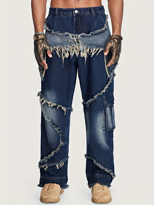 YASUYUAN Men's Comfort-Fit Jeans - Relaxed Streetwear Denim with Raw Edge, Versatile Baggy Pants for Everyday Cool