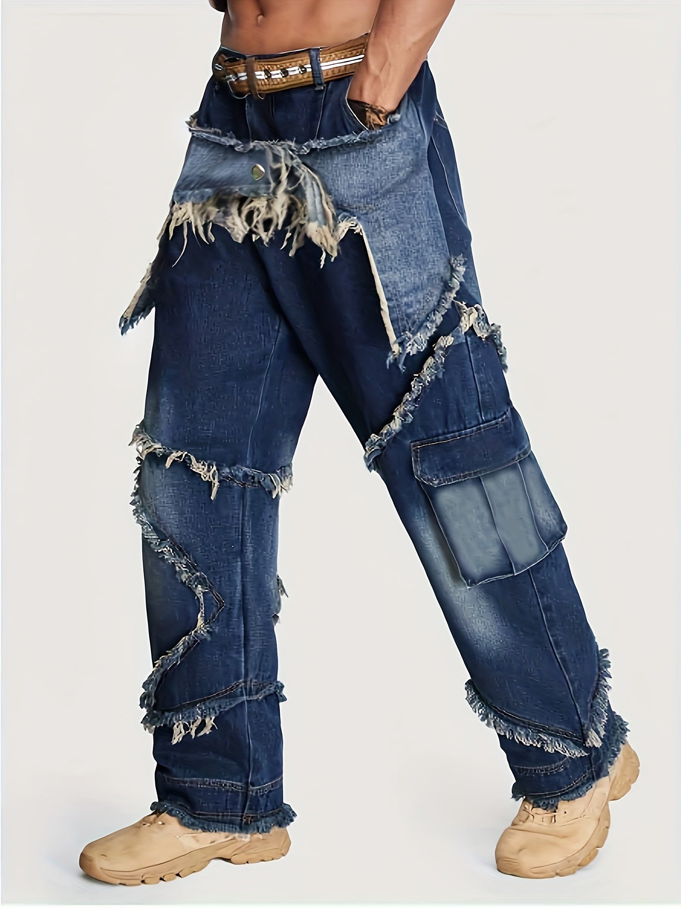 YASUYUAN Men's Comfort-Fit Jeans - Relaxed Streetwear Denim with Raw Edge, Versatile Baggy Pants for Everyday Cool