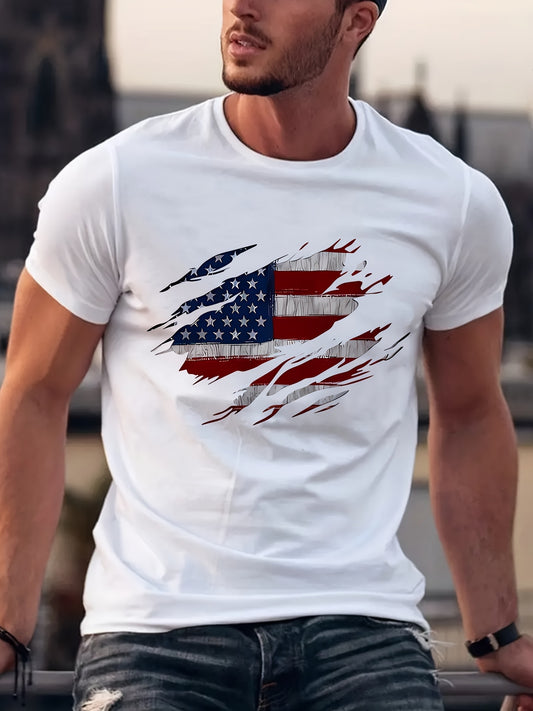 American Flag printed T-shirt men's casual style summer and autumn slightly elastic round neck T-shirt