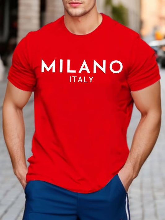 Italy Milan lettering printed T-shirt men's casual style summer and autumn slightly elastic round neck T-shirt
