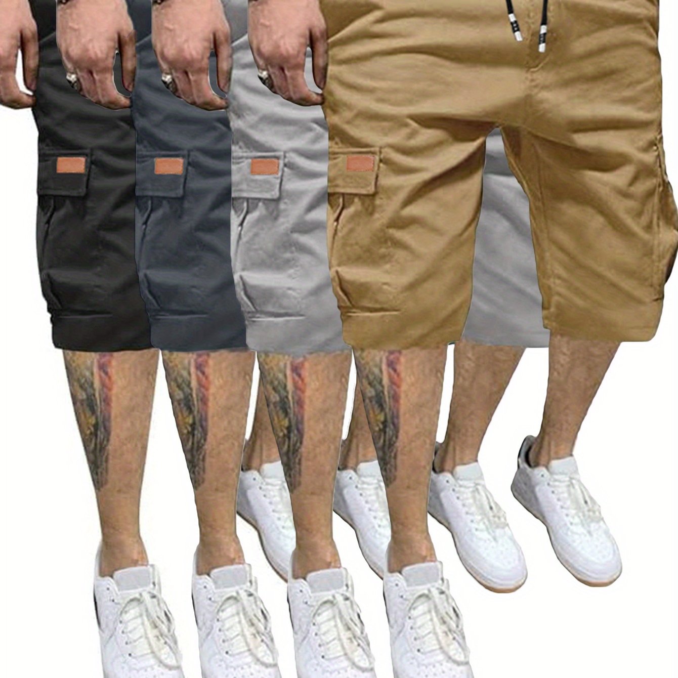 4 Pcs Men's Casual Cargo Shorts Elastic Drawstring Cotton Stretch Multiple Pockets Cargo Short