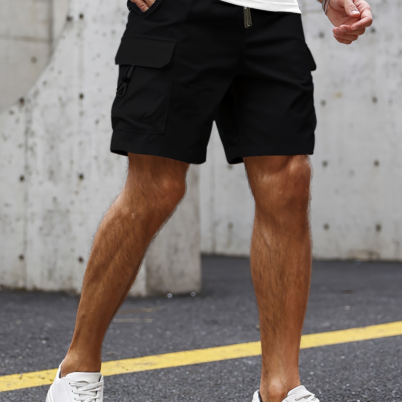 Casual Solid Men's Loose Fit Elastic Waist Cargo Shorts With Side Pockets For Summer Outdoor Leisure And Work