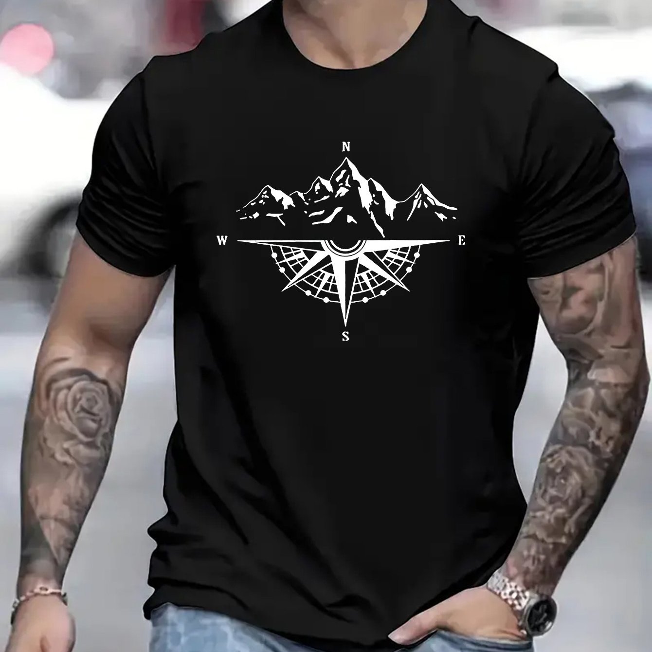 Mountain Shaped Compass & Letter Creative Printing Men's Round Neck Printed T-shirt, Short Sleeved Comfortable Loose Casual Top, Spring Summer Holiday Men's Clothing As A Gift