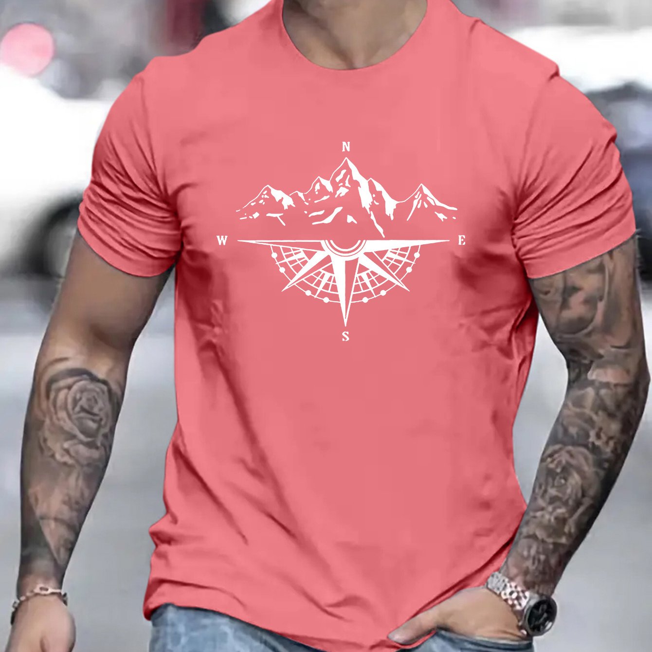 Mountain Shaped Compass & Letter Creative Printing Men's Round Neck Printed T-shirt, Short Sleeved Comfortable Loose Casual Top, Spring Summer Holiday Men's Clothing As A Gift