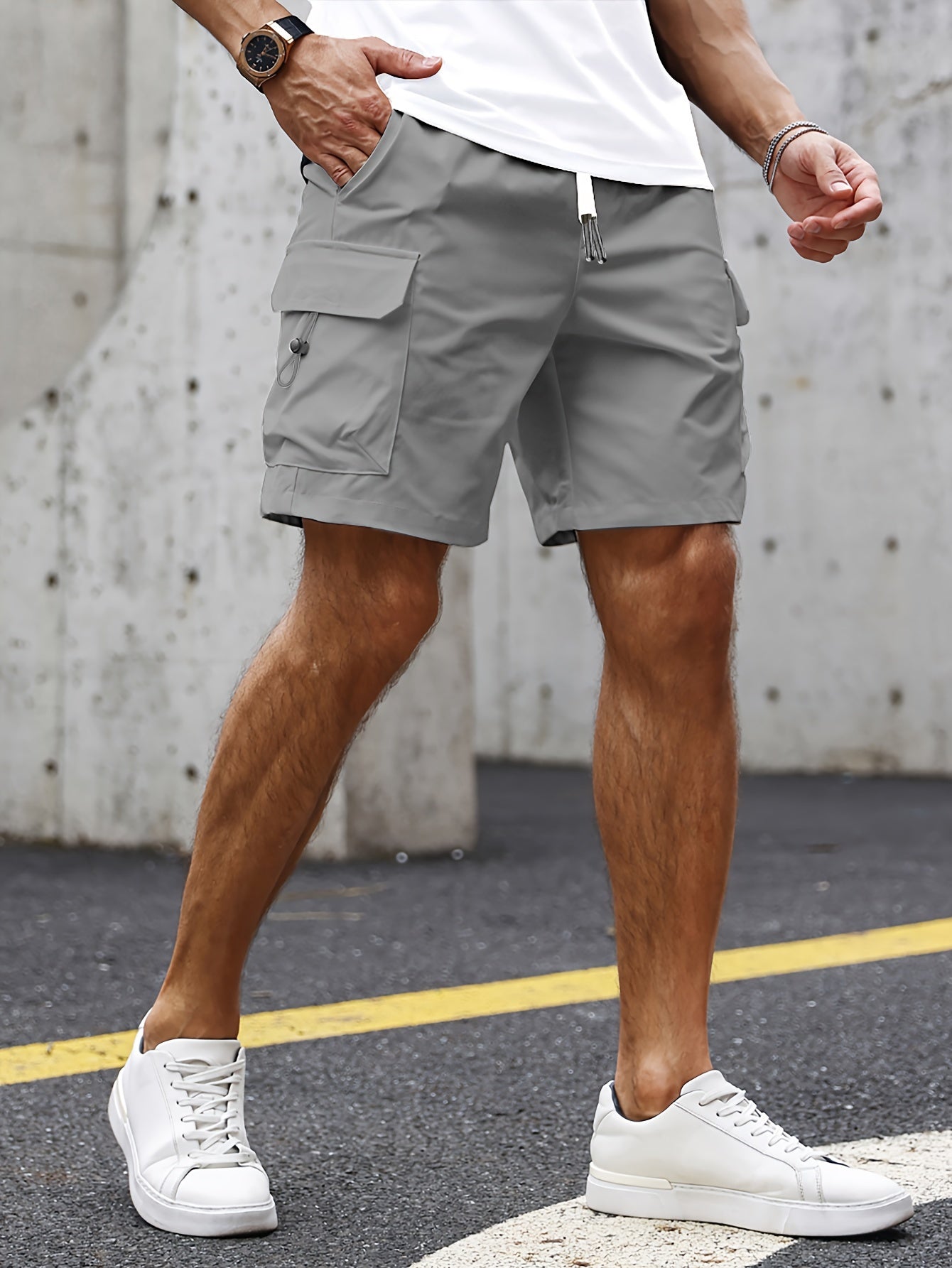 Casual Solid Men's Loose Fit Elastic Waist Cargo Shorts With Side Pockets For Summer Outdoor Leisure And Work