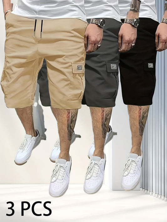 3pcs Men'S Summer Cargo Shorts - Casual Loose Fit, Straight Leg, Non-Stretch Solid Color with Pockets, Perfect for Sports & Outdoor Activities