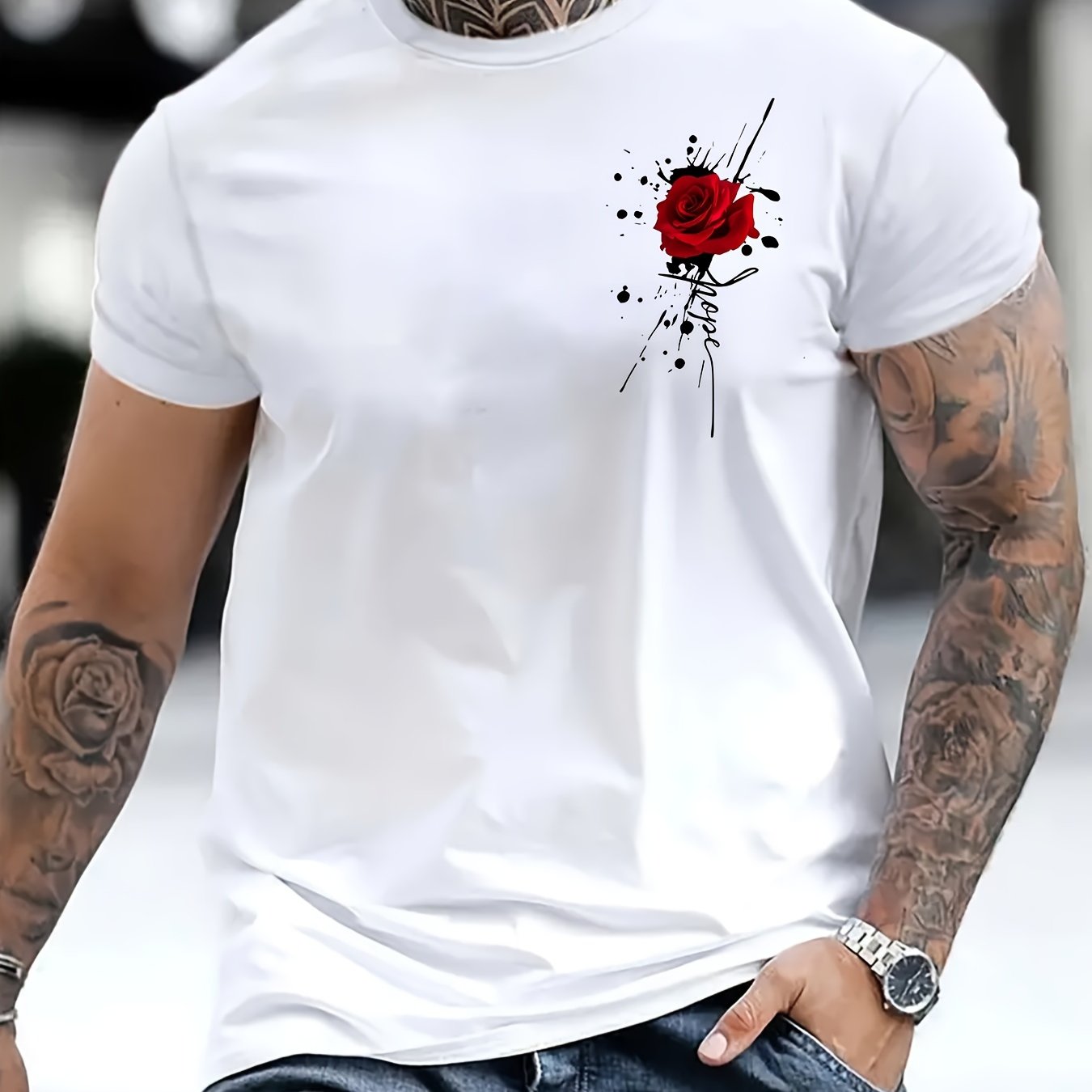 Flower printed T-shirt for men's casual style, summer and autumn micro elastic round neck T-shirt