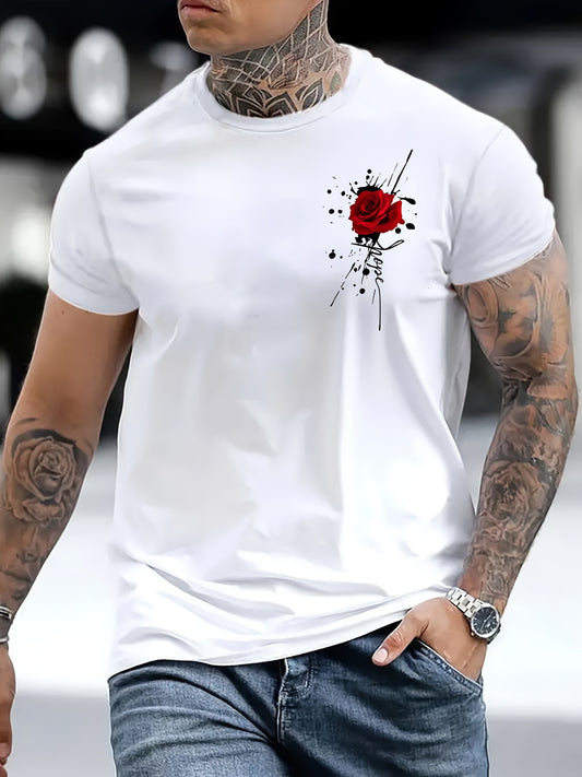 Flower printed T-shirt for men's casual style, summer and autumn micro elastic round neck T-shirt